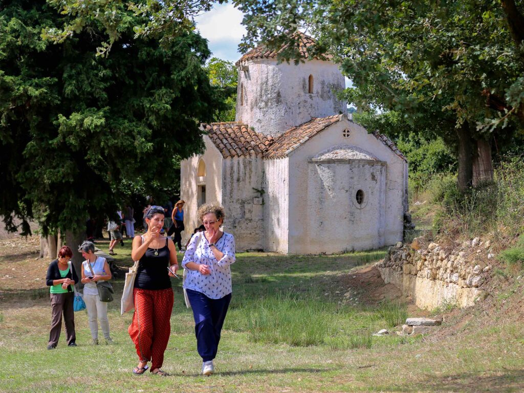 small group visiting a Byzantine chapel in Amari