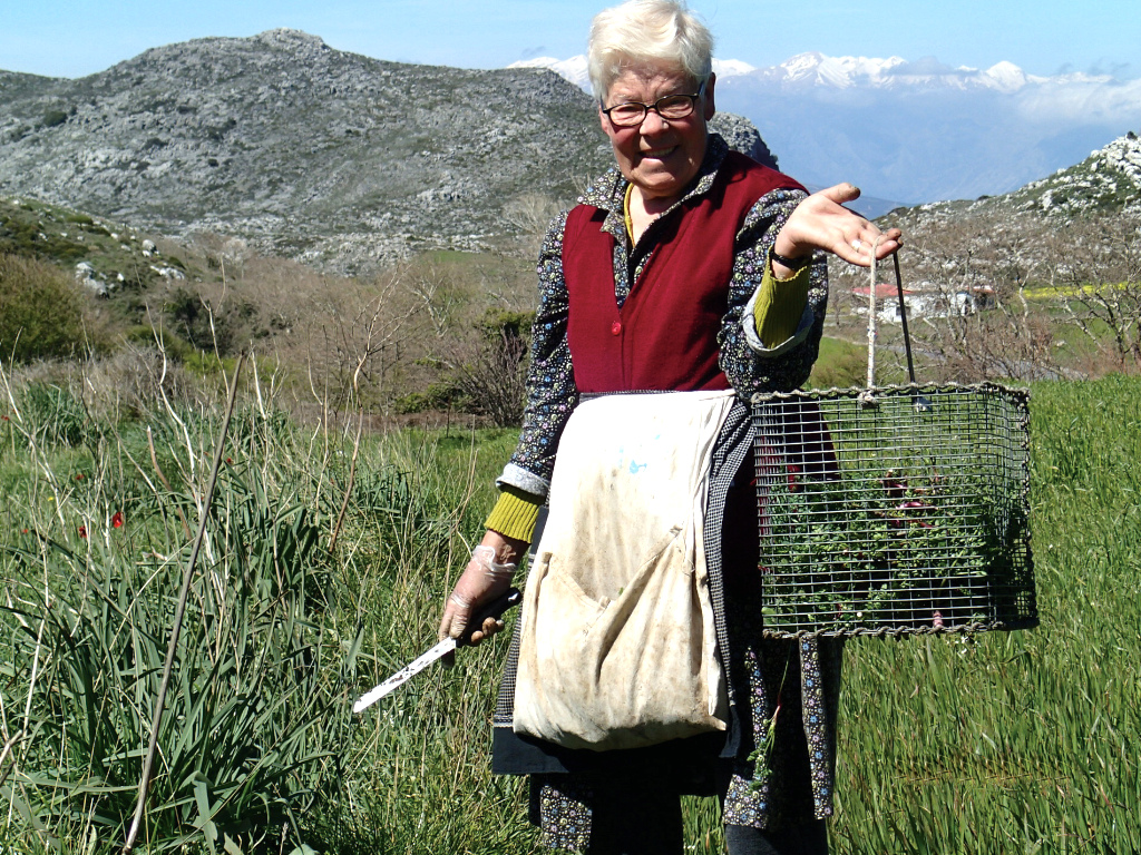An old lady collecting wild herbs on a plateau